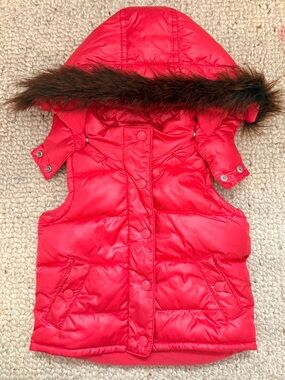 GAP Kids Bright Red/Hot Pink Hooded Puffer Vest with Faux Fur Trim